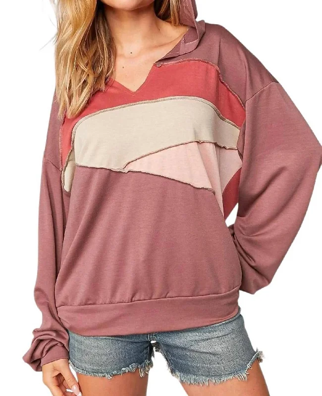 Stylish Women's Clothes for Work and Play Colorblock Vneck Hoodie In Mauve