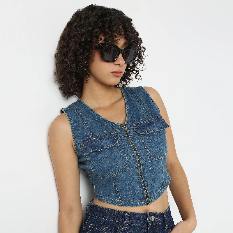 Women's Elegant Apparel Denim V-Neck Crop Top