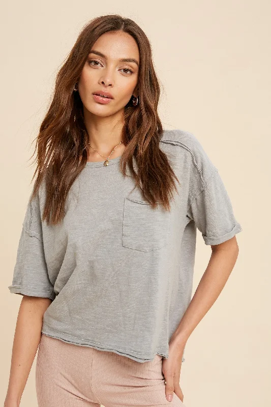 Women's Elegant Garments Chambray Garment Washed Short Sleeve Pocket Tee