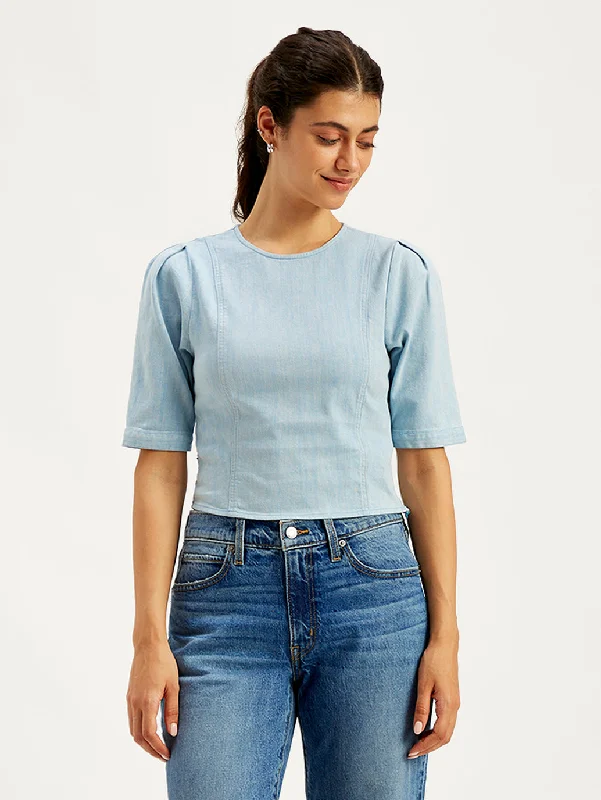 Online Boutiques Affordable Women's Solid Light-Blue Round Neck Top