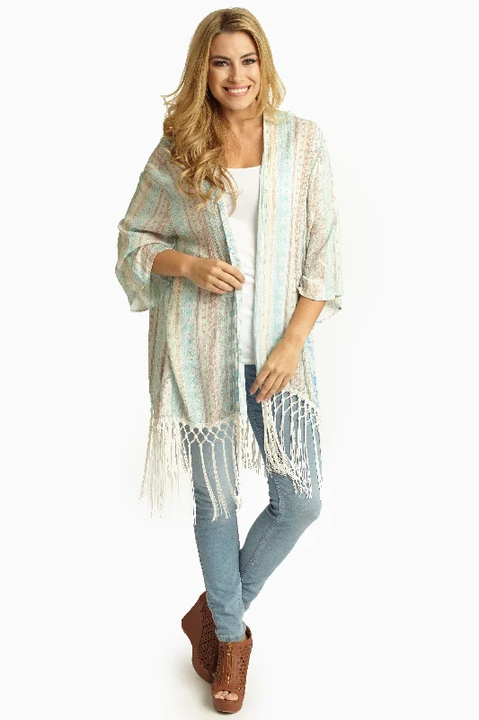 Vibrant Femme Fashion Blue Mocha Printed Linen Tassel Trim Open Cardigan