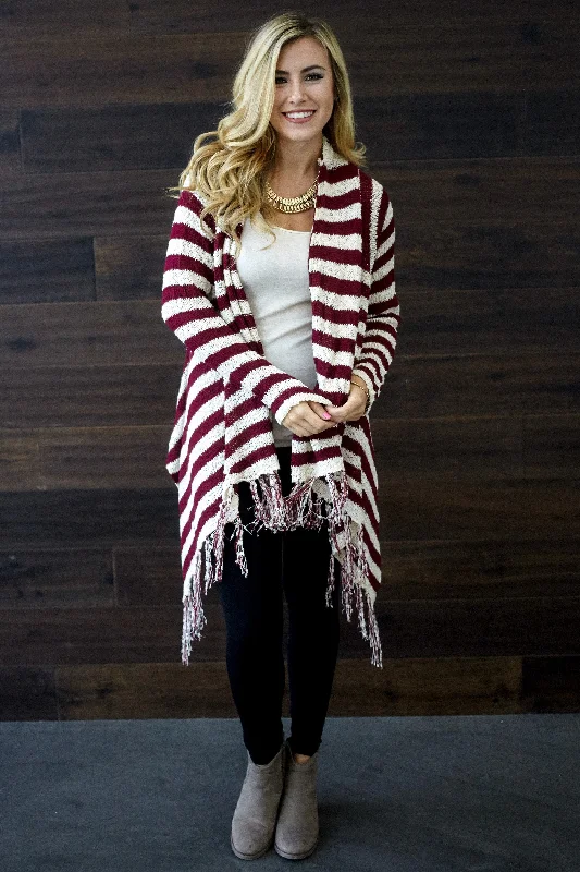 Sophisticated Outfits Burgundy Ivory Striped Fringe Hem Knit Cardigan