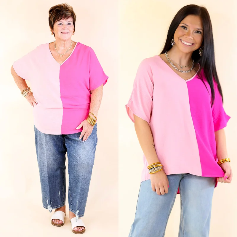 Outfits For Women Lovely Dear V Neck Short Sleeve Color Block Top in Fuchsia and Light Pink