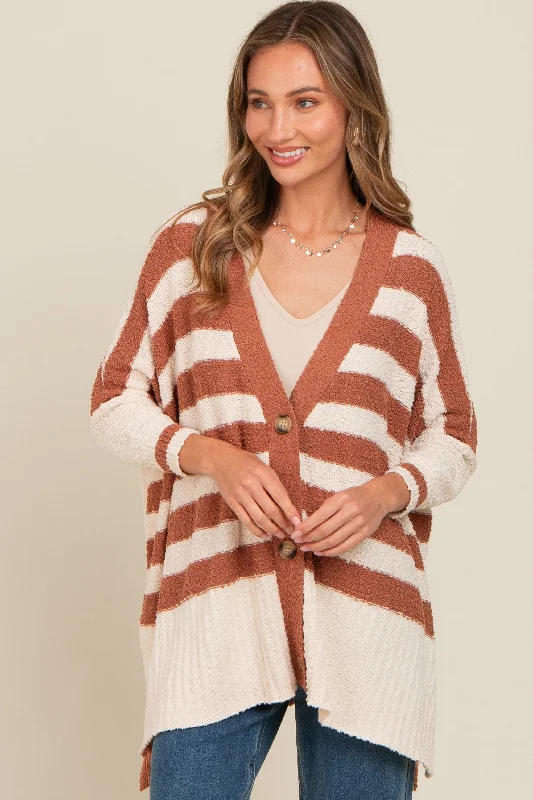 Timeless Classics Mocha Textured Knit Striped Oversized Cardigan