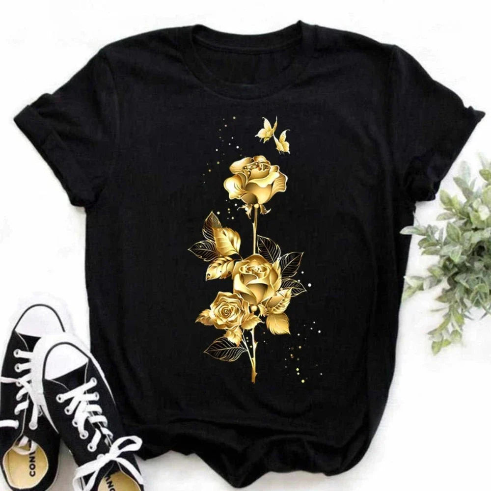 Affordable Women's Clothes Womens Summer Short Sleeve Black Tee with Golden Rose Design