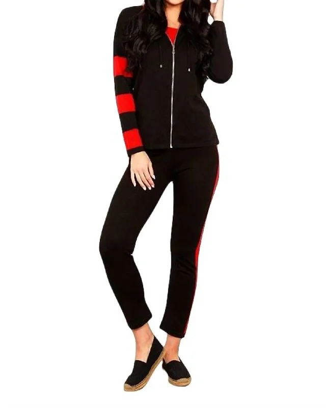 Plus Size Women's Fashion Stripe Zip Hoodie In Black/red