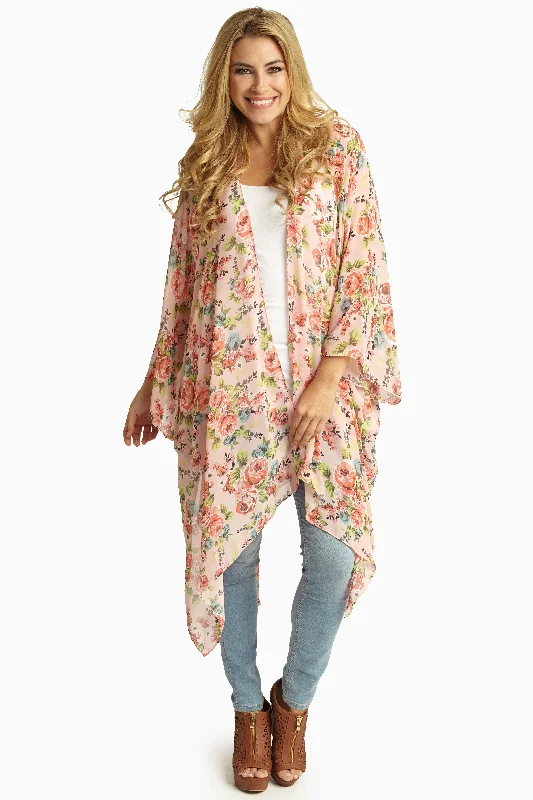 Boho Chic Fashion Pink Multi-Color Floral Sheer Maxi Cardigan