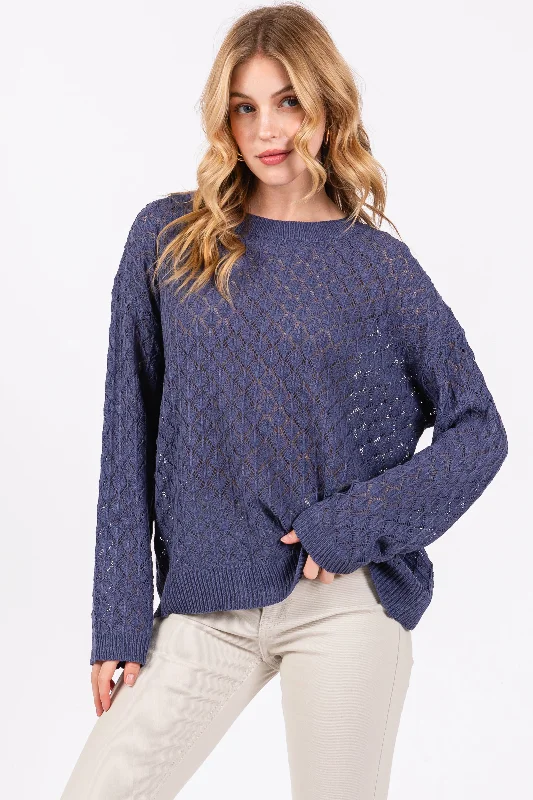 Stylish Women's Clothes for Work and Play Navy Diamond Open Knit Top