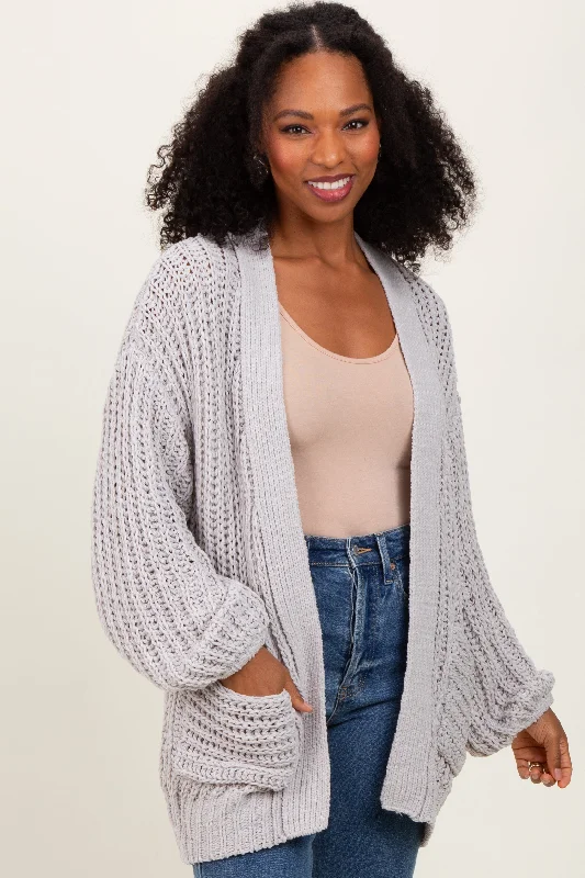 Urban Femme Streetwear Heather Grey Chunky Knit Oversized Pocket Cardigan