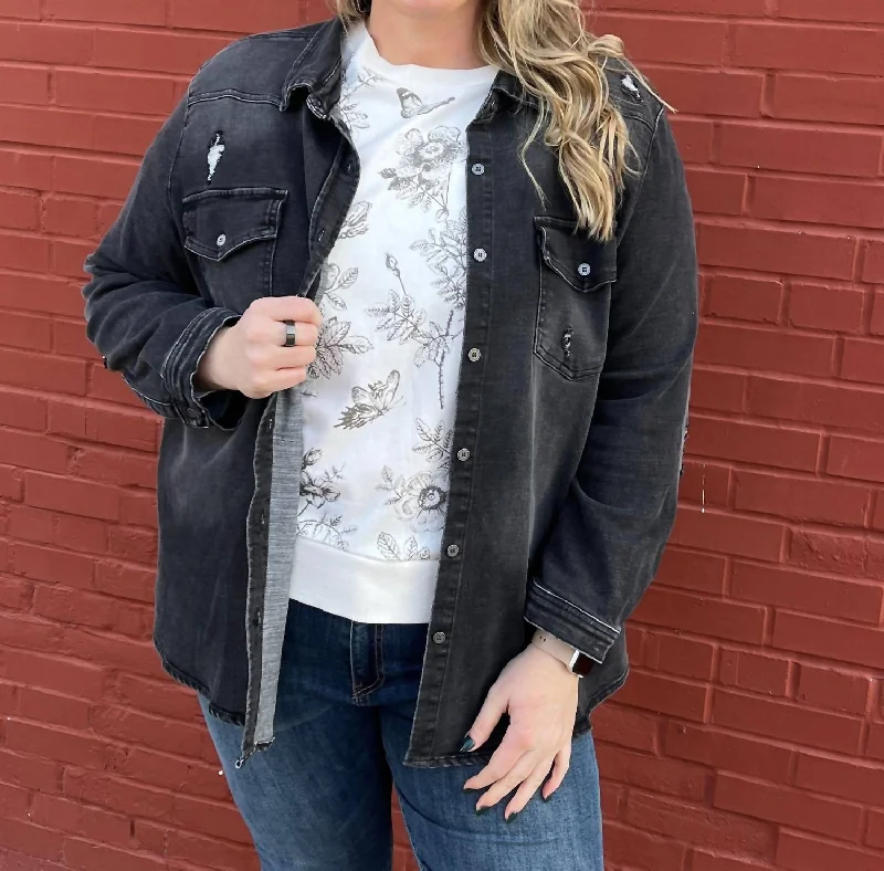 Women's Outerwear Attire Distressed Denim Shirt Jacket In Charcoal