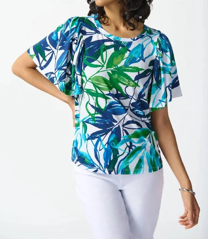 Women's Stylish Professional Apparel Silky Knit Tropical Print Top In Vanilla/multi