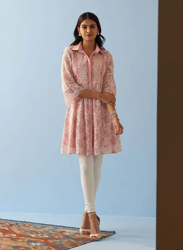 Women's Clothing Outfit Set Pink Lace Collared Tunic for Women