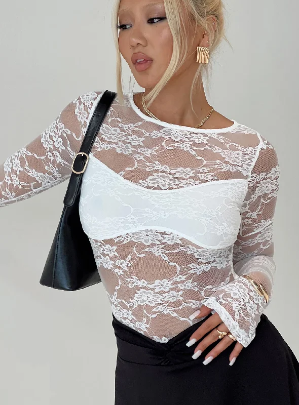 Sophisticated Women's Fashion Feelix Long Sleeve Lace Bodysuit White