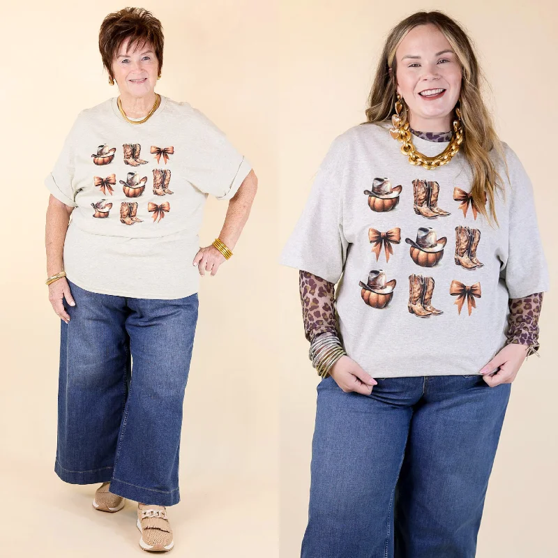 Big Sale Event Pumpkin, Boots, and Ribbon Short Sleeve Graphic Tee in Heather Grey