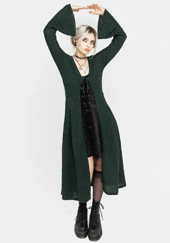 Wardrobe Upgrade Xana Textured Tie Front Long Cardigan - Green