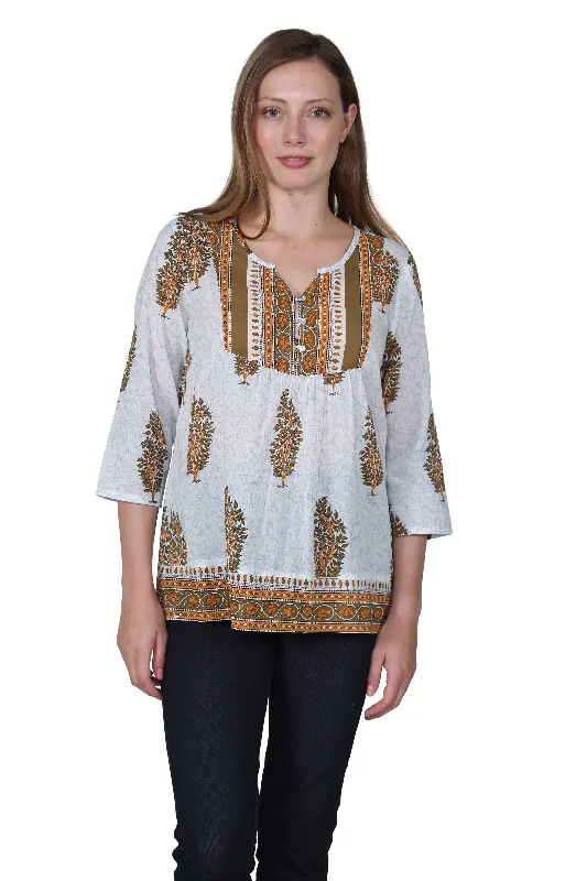 Elegant Women's Clothing Sage Block Print Cotton Tunic Top