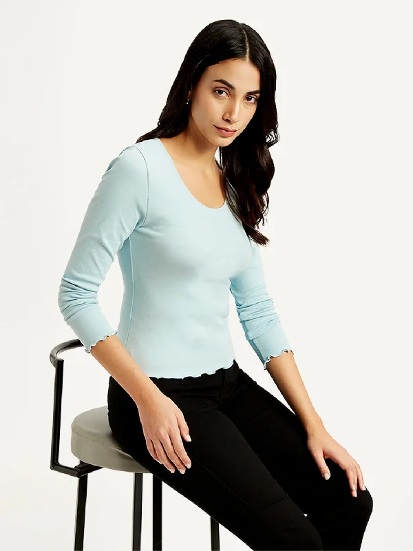 Preppy Style Women's Solid Light-Blue Scoop Neck Top