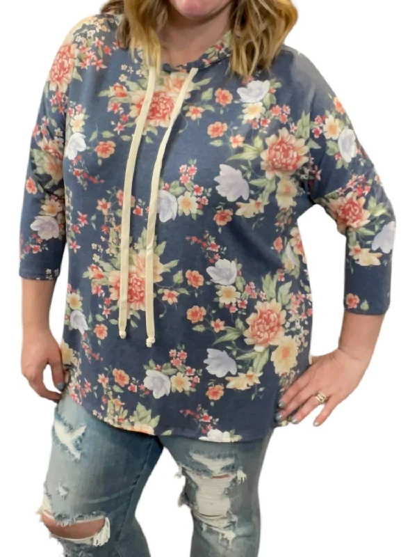 Fashion-forward Women's Wear Floral 3/4 Sleeve Hoodie In Navy