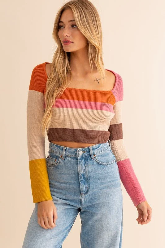 Flash Sale Clothing Long Sleeve Color Block Knit Top - Rust Pink Mix