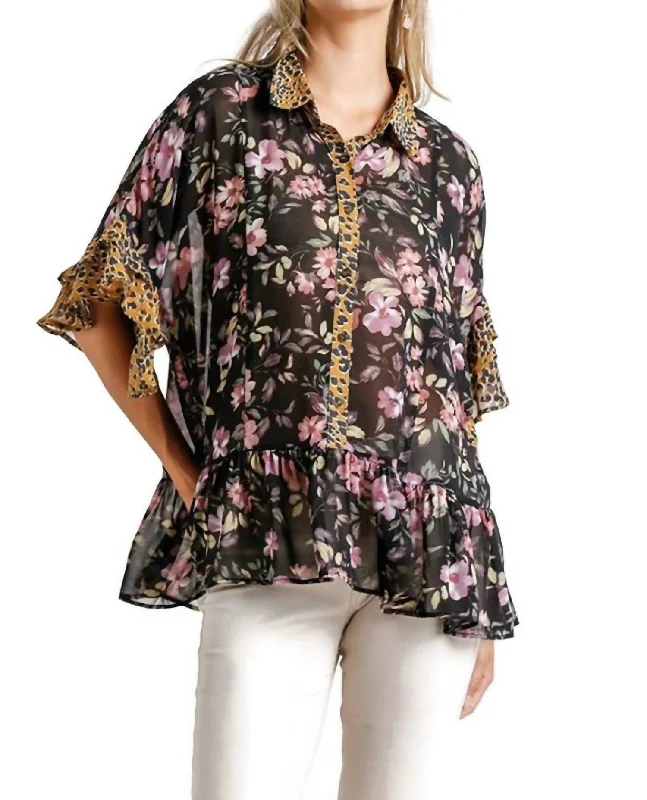 Trendy Fashion For Women Floral & Animal Print Top In Black