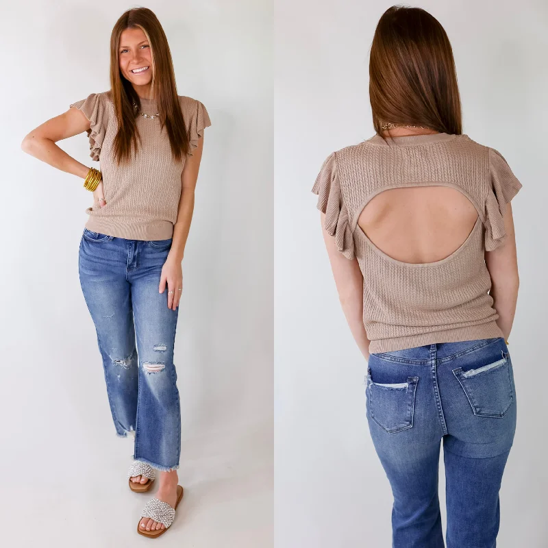 Chic Women's Attire Coffee Date Knit Top With Ruffled Sleeves in Mocha