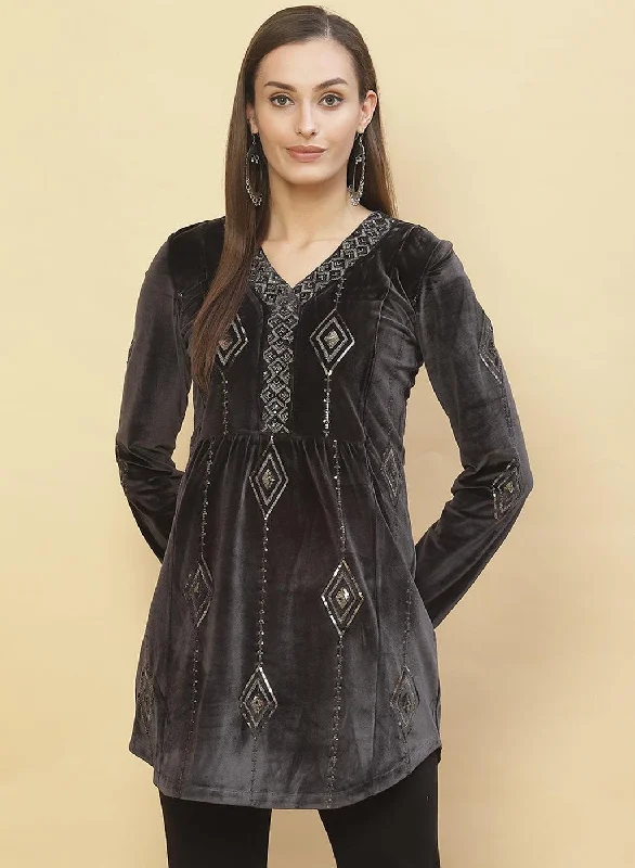 Women's High-Fashion Outfit Slate Grey Embroidered Velvet Tunic With Sequins