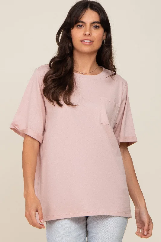 Women's Luxury Apparel Light Pink Oversized Pocket Front Short Sleeve Top