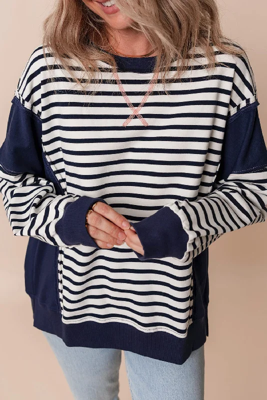 Women's Seasonal Apparel Stripe Color Block Exposed Seam Loose Fit Sweatshirt