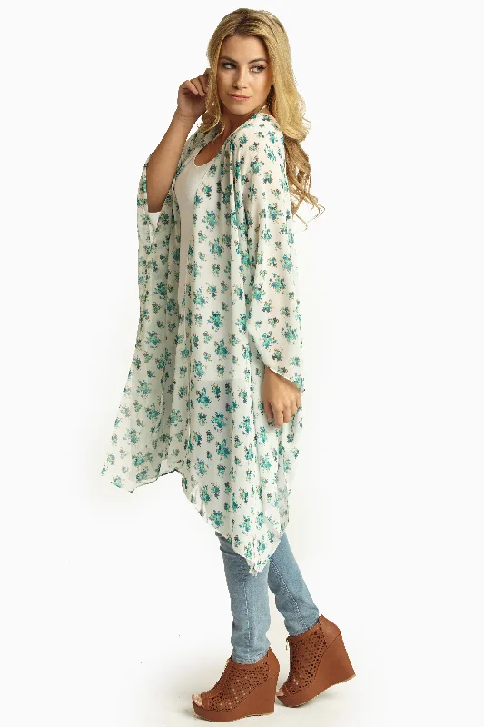 Latest Trends White Teal Floral Sheer Maxi Cardigan