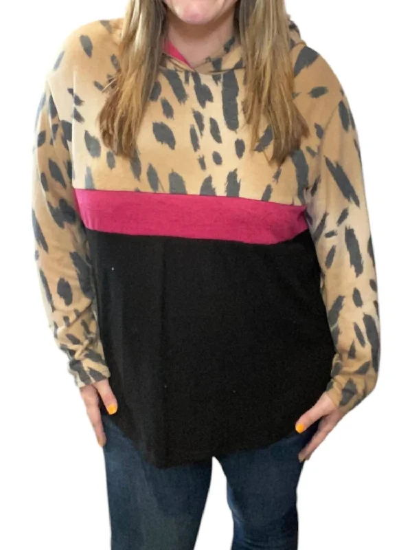 Trendy Boutiques Online Animal Print Hoodie In Taupe/magenta