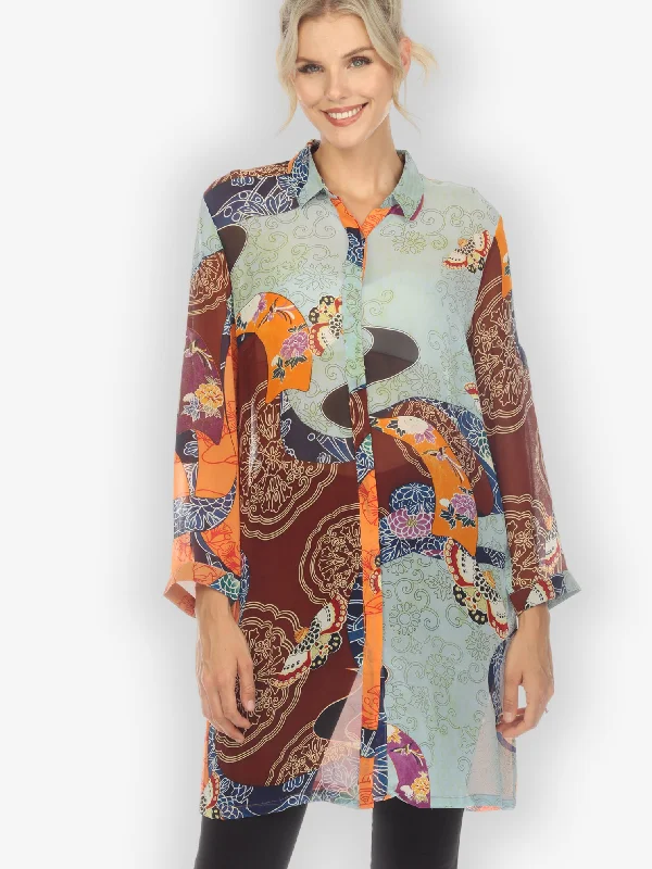 Women's High-Fashion Attire Butterfly Kimono Print Silk Tunic