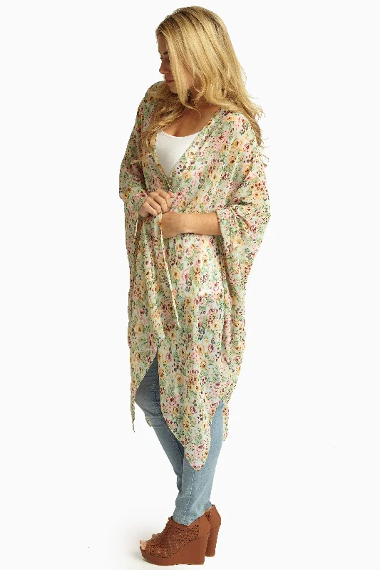 Evening Elegance Mint Multi-Color Floral Sheer Maxi Cardigan