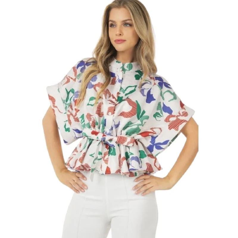 Relaxed Style Floral Print Short Sleeve Top With Waist Tie