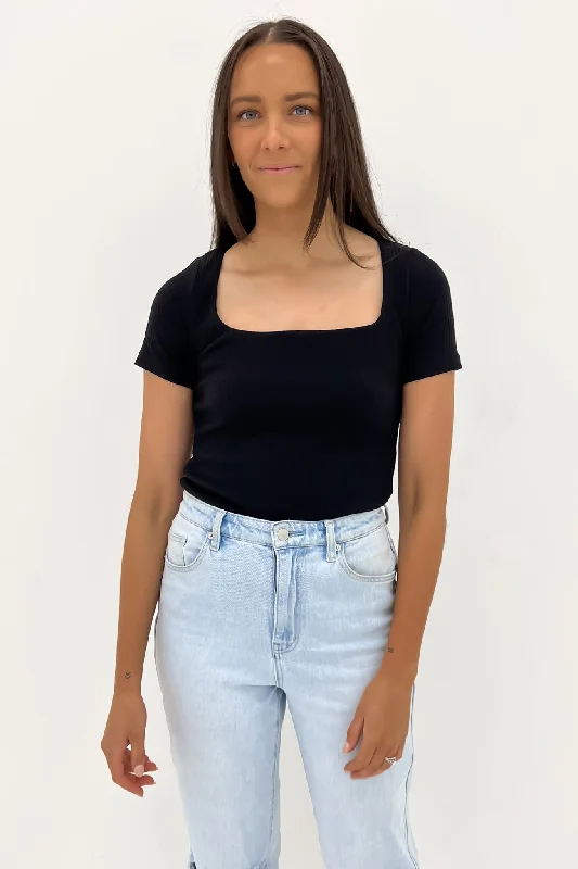 Premium Style Aubrey Square Neck Short Sleeve Top Black