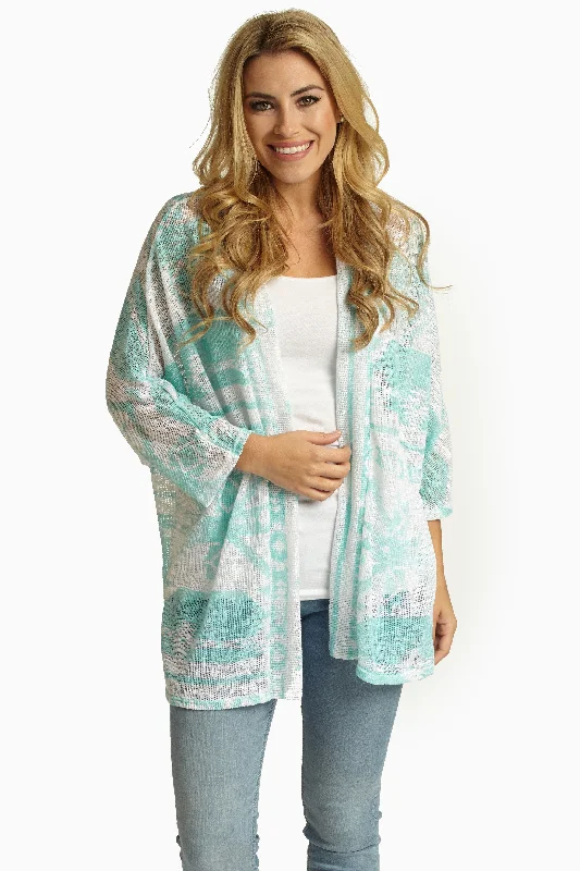 Women's Trendy Clothes White Mint Green Printed Knit Dolman Sleeve Cardigan