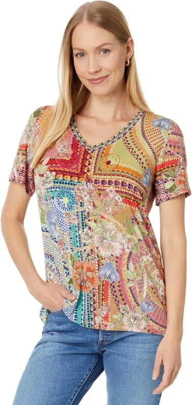 Fashion Essentials Johnny Was Women's The Janie Favorite Short Sleeve V-Neck Tee-Mosaic, Multicolor