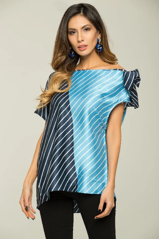 Luxury Women's Fashion Two Blue Stripes One-shoulder Top