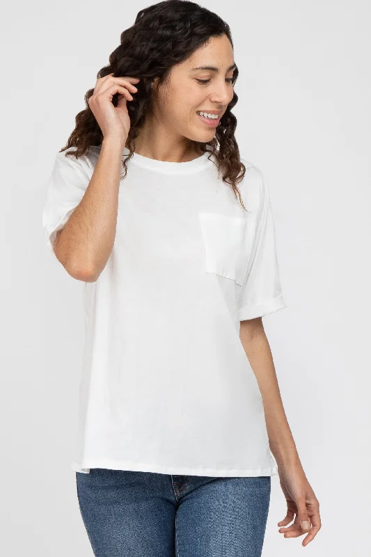 Charming Women's Holiday Apparel White Oversized Pocket Front Short Sleeve Top