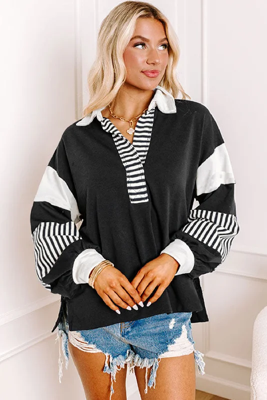 Women's Occasion Wear Apparel Striped Colorblock Patchwork Collar Sweatshirt