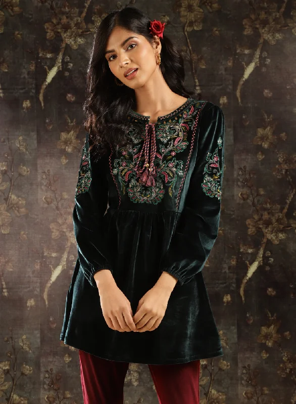 Affordable Women's Outfit Green Velvet Tunic with Threadwork and Tassels