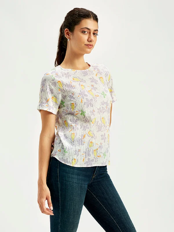 Exclusive Online Sale Women's Floral Print Off-White Round Neck Top