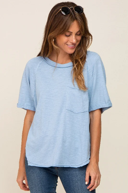 Affordable Women's Apparel Light Blue Front Pocket Raw Edge Trim Short Sleeve Top