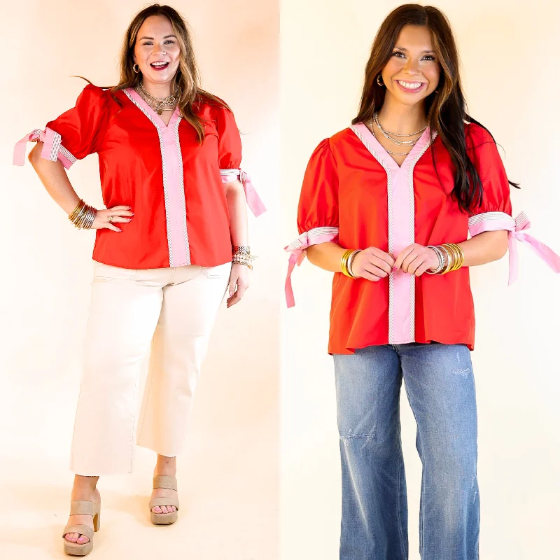 Women's Comfortable Apparel Perfectly Poised V Neck Top with Short Balloon Sleeves with Bows in Red