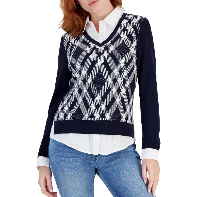 Elegant Clothing Womens Argyle Collared Pullover Top