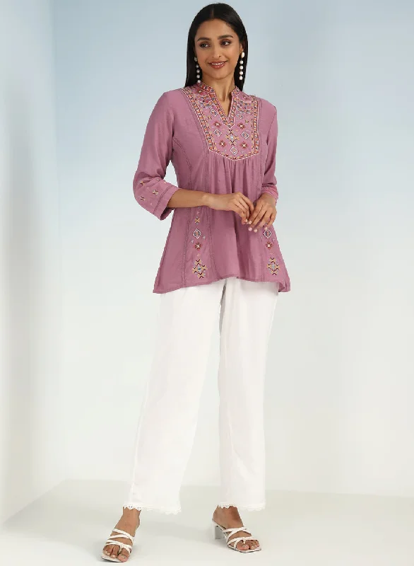 Women's Charming Outfit For Events Onion Pink Tunic with Front Yoke Embroidery Detail