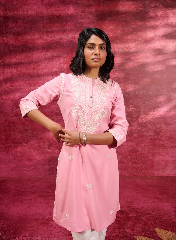 Women's Casual Attire Saadgi Carnation Pink Embroidered Cotton Linen Tunic for Women