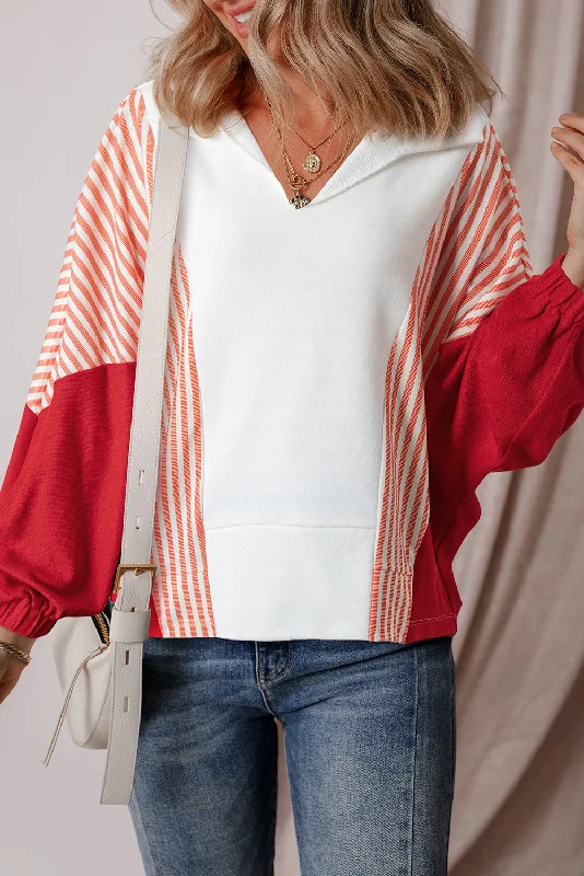 Women's Chic Apparel Striped Color Block Collared V Neck Oversized Sweatshirt