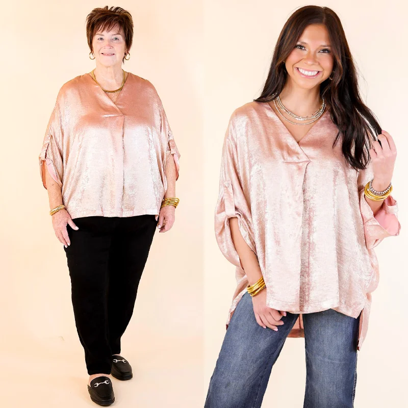 Women's High-Fashion Apparel Gleam and Glow Metallic V Neck Top with 3/4 Sleeves in Rose Gold Pink