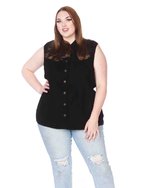 Women Wear Online Tianello Plus Sized TENCEL™ "Vine" Cotton Jacquard Sleeveless "Oxford" Vest Jacket-Lined...  with Side Pockets