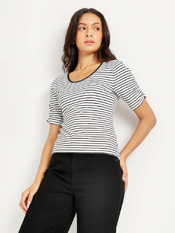 Summer Sale Women's Striped Black Scoop Neck Top